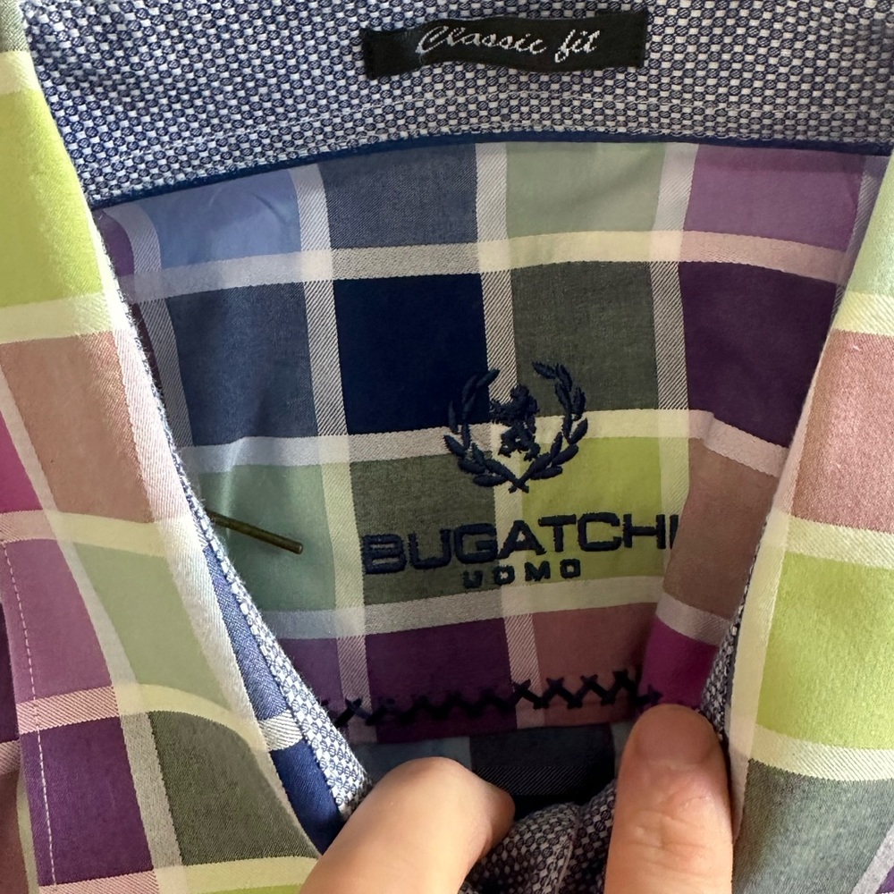 Bugatchi Uomo Short Sleeve Men's Dress Shirt Size Large - Geo Square Design - Picture 3 of 4